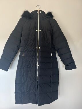 Ivanka Trump Black Long Quilted Puffer Coat with Hood and Faux Fur Trim